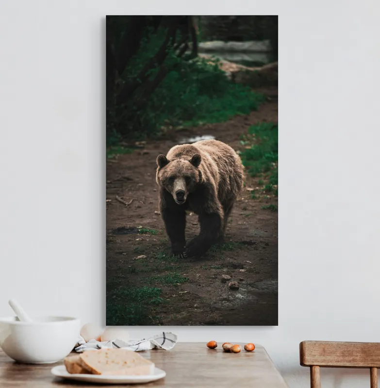 Tablou Canvas, "Ursul în tainicul luminiș pădurean", Bear, Forest, Path, Nature, Majestic, Wild, Powerful, Calm, 50 x 90 cm – poza 3