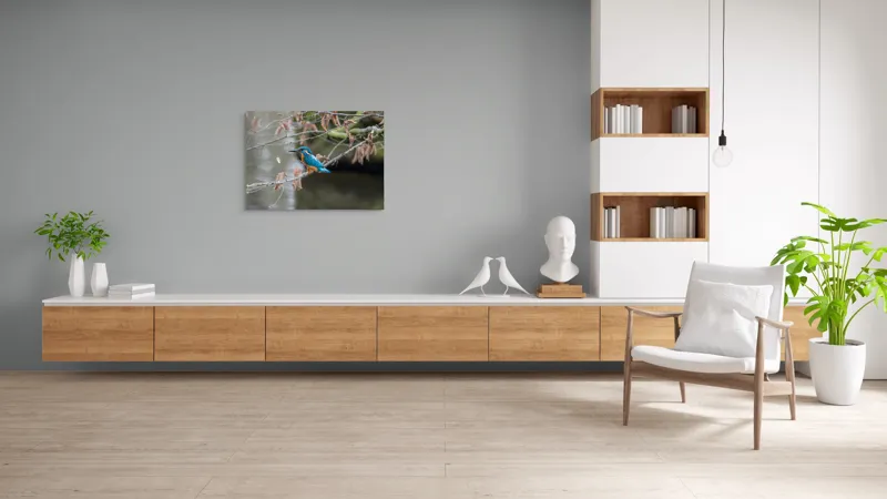 Tablou Canvas, "Pescăraș albastru pe ramură toamna", Păsăre, Ramură, Pene, Albastre, Toamnă, Natură, Tăcut, Fin, Elegant, Observant., 100 x 70 cm – poza 6