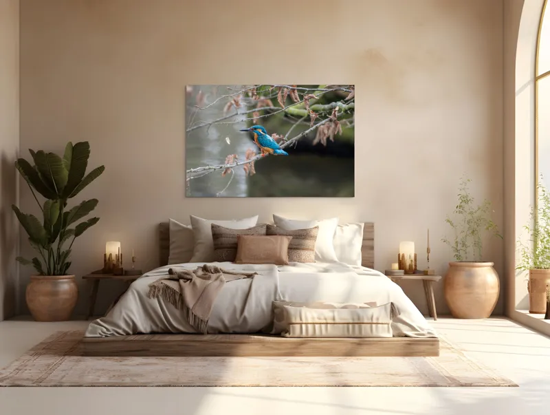 Tablou Canvas, "Pescăraș albastru pe ramură toamna", Păsăre, Ramură, Pene, Albastre, Toamnă, Natură, Tăcut, Fin, Elegant, Observant., 150 x 100 cm – poza 4