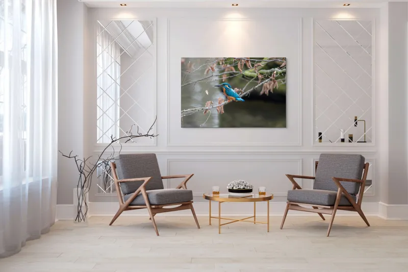 Tablou Canvas, "Pescăraș albastru pe ramură toamna", Păsăre, Ramură, Pene, Albastre, Toamnă, Natură, Tăcut, Fin, Elegant, Observant., 150 x 100 cm – poza 7