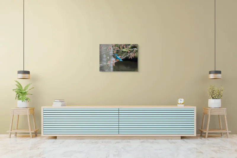 Tablou Canvas, "Pescăraș albastru pe ramură toamna", Păsăre, Ramură, Pene, Albastre, Toamnă, Natură, Tăcut, Fin, Elegant, Observant., 70 x 50 cm – poza 7