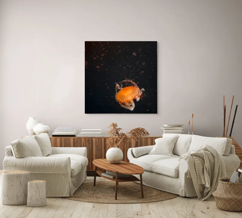 Tablou Canvas, "Meduză dansând în adâncuri misterioase", Meduză, Lumină, Ocean, Mister, Frumusețe, Grație, Plutire, 100 x 100 cm – poza 3