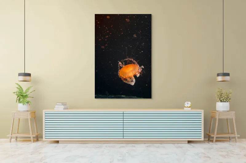 Tablou Canvas, "Meduză dansând în adâncuri misterioase", Meduză, Lumină, Ocean, Mister, Frumusețe, Grație, Plutire, 100 x 150 cm – poza 4