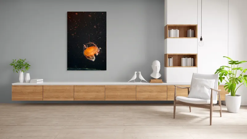 Tablou Canvas, "Meduză dansând în adâncuri misterioase", Meduză, Lumină, Ocean, Mister, Frumusețe, Grație, Plutire, 100 x 150 cm – poza 8