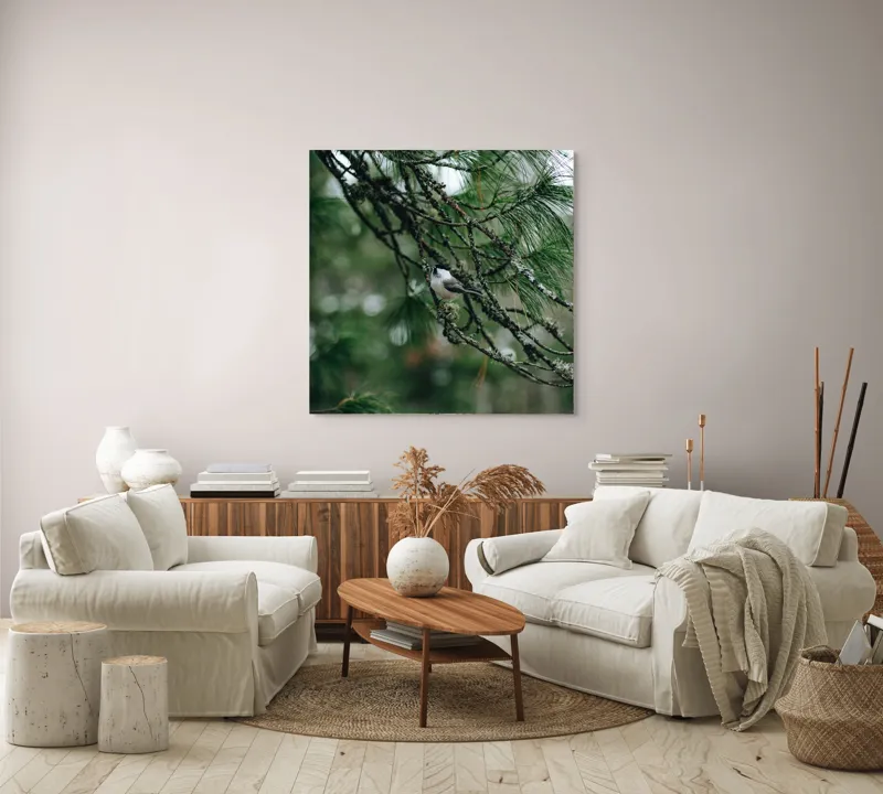 Tablou Canvas, "Pasărea ascunsă printre ramuri verzi", Pasăre, Ramură, Frunze, Verde, Natură, Pădure, Pini, Liniște, Calm, Echilibru, 100 x 100 cm – poza 3