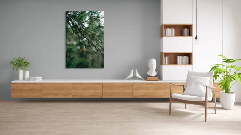 Tablou Canvas, "Pasărea ascunsă printre ramuri verzi", Pasăre, Ramură, Frunze, Verde, Natură, Pădure, Pini, Liniște, Calm, Echilibru, 100 x 150 cm – poza 8