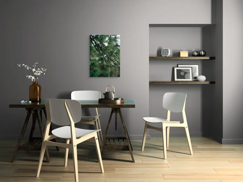 Tablou Canvas, "Pasărea ascunsă printre ramuri verzi", Pasăre, Ramură, Frunze, Verde, Natură, Pădure, Pini, Liniște, Calm, Echilibru, 50 x 70 cm – poza 5