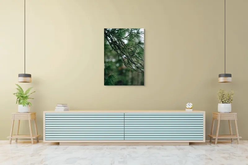 Tablou Canvas, "Pasărea ascunsă printre ramuri verzi", Pasăre, Ramură, Frunze, Verde, Natură, Pădure, Pini, Liniște, Calm, Echilibru, 70 x 100 cm – poza 5