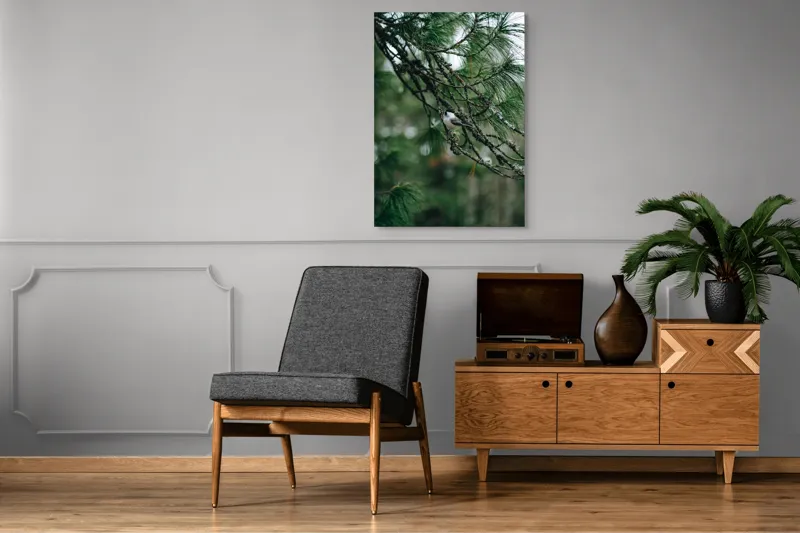Tablou Canvas, "Pasărea ascunsă printre ramuri verzi", Pasăre, Ramură, Frunze, Verde, Natură, Pădure, Pini, Liniște, Calm, Echilibru, 70 x 100 cm – poza 6
