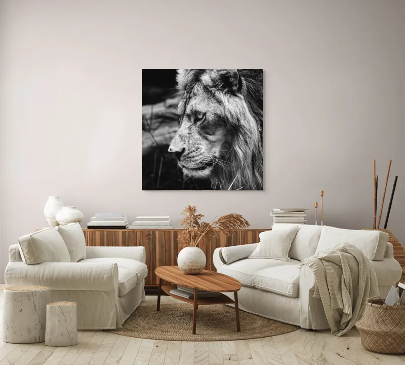 Tablou Canvas, "Regele savanei în contemplație tăcută", Leu, Putere, Mândrie, Regal, Tărie, Natură, Sălbăticie, Viziune, 100 x 100 cm – poza 3