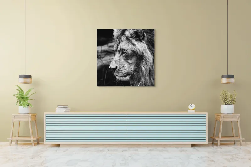 Tablou Canvas, "Regele savanei în contemplație tăcută", Leu, Putere, Mândrie, Regal, Tărie, Natură, Sălbăticie, Viziune, 100 x 100 cm – poza 5