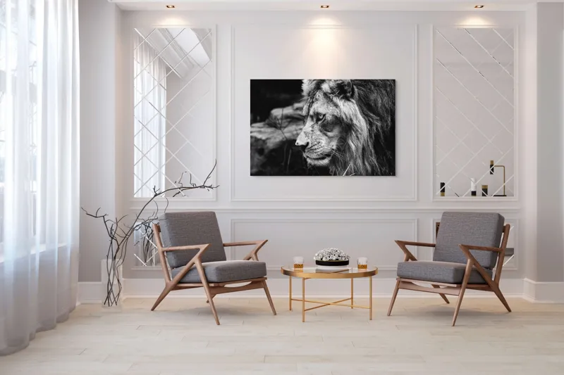 Tablou Canvas, "Regele savanei în contemplație tăcută", Leu, Putere, Mândrie, Regal, Tărie, Natură, Sălbăticie, Viziune, 150 x 100 cm – poza 7
