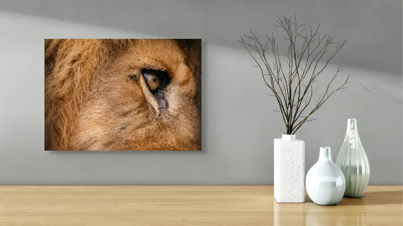 Tablou Canvas, "Privirea enigmatică a leului regal", Fierce, Majestic, Intense, Powerful, Wild, Focused, 54 x 39 cm – poza 3