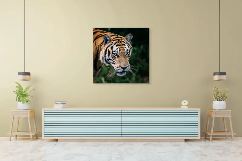 Tablou Canvas, "Tigrul în umbra junglei verzi", Tigru, Privire, Pădure, Puternic, Feline, Blană, Verde, Misterios, 100 x 100 cm – poza 5