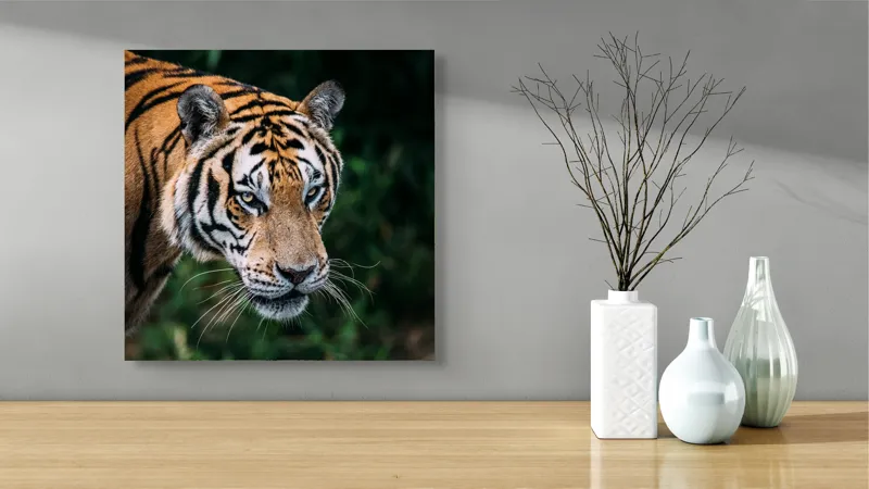 Tablou Canvas, "Tigrul în umbra junglei verzi", Tigru, Privire, Pădure, Puternic, Feline, Blană, Verde, Misterios, 50 x 50 cm – poza 3