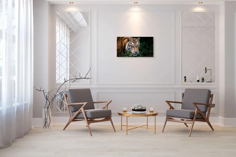 Tablou Canvas, "Tigrul în umbra junglei verzi", Tigru, Privire, Pădure, Puternic, Feline, Blană, Verde, Misterios, 90 x 50 cm – poza 7