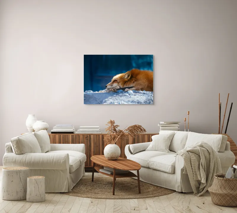 Tablou Canvas, "Vulpea dormind sub cerul albastru", Vulpe, Adormită, Blană, Roșcată, Pământ, Liniște, Peisaj, Odihnă, Natură, Serenitate, 100 x 70 cm – poza 3