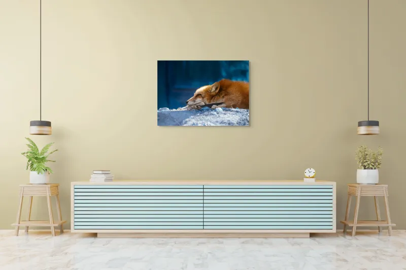 Tablou Canvas, "Vulpea dormind sub cerul albastru", Vulpe, Adormită, Blană, Roșcată, Pământ, Liniște, Peisaj, Odihnă, Natură, Serenitate, 100 x 70 cm – poza 4
