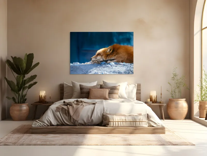 Tablou Canvas, "Vulpea dormind sub cerul albastru", Vulpe, Adormită, Blană, Roșcată, Pământ, Liniște, Peisaj, Odihnă, Natură, Serenitate, 150 x 100 cm – poza 4