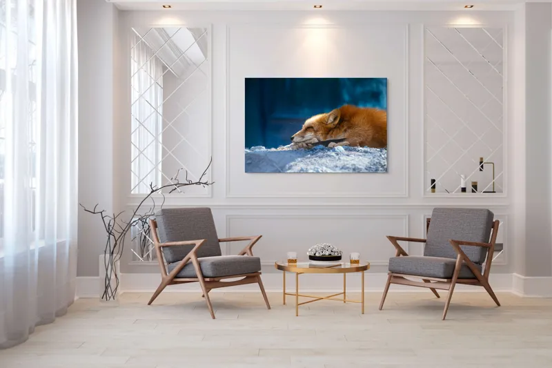 Tablou Canvas, "Vulpea dormind sub cerul albastru", Vulpe, Adormită, Blană, Roșcată, Pământ, Liniște, Peisaj, Odihnă, Natură, Serenitate, 150 x 100 cm – poza 7