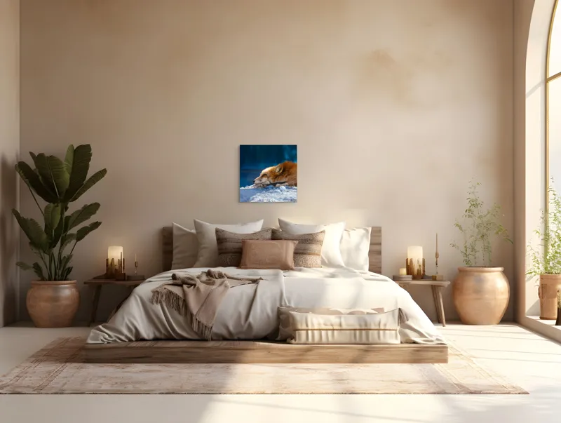 Tablou Canvas, "Vulpea dormind sub cerul albastru", Vulpe, Adormită, Blană, Roșcată, Pământ, Liniște, Peisaj, Odihnă, Natură, Serenitate, 50 x 50 cm – poza 5
