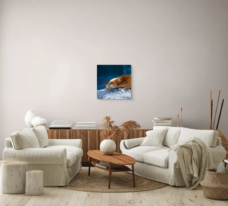 Tablou Canvas, "Vulpea dormind sub cerul albastru", Vulpe, Adormită, Blană, Roșcată, Pământ, Liniște, Peisaj, Odihnă, Natură, Serenitate, 50 x 50 cm – poza 7