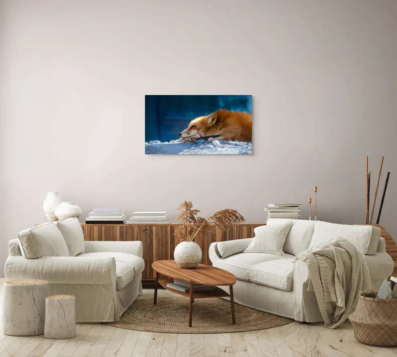 Tablou Canvas, "Vulpea dormind sub cerul albastru", Vulpe, Adormită, Blană, Roșcată, Pământ, Liniște, Peisaj, Odihnă, Natură, Serenitate, 90 x 50 cm – poza 4
