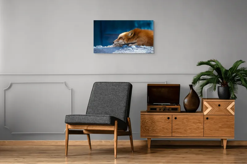Tablou Canvas, "Vulpea dormind sub cerul albastru", Vulpe, Adormită, Blană, Roșcată, Pământ, Liniște, Peisaj, Odihnă, Natură, Serenitate, 90 x 50 cm – poza 6