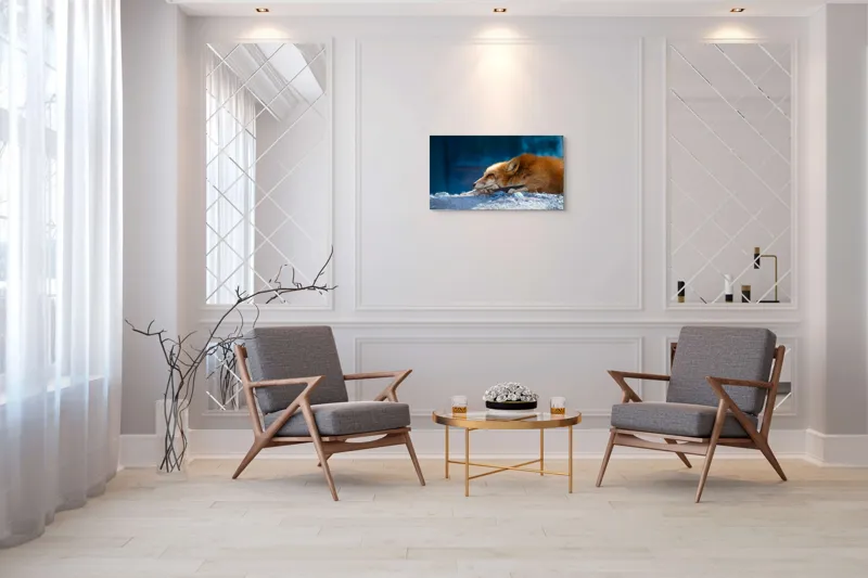 Tablou Canvas, "Vulpea dormind sub cerul albastru", Vulpe, Adormită, Blană, Roșcată, Pământ, Liniște, Peisaj, Odihnă, Natură, Serenitate, 90 x 50 cm – poza 7