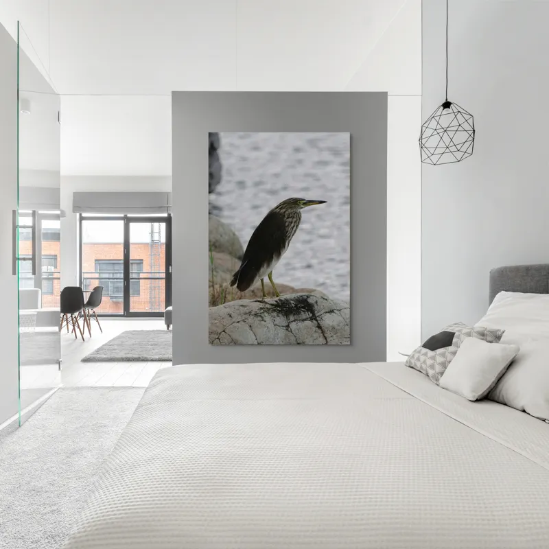 Tablou Canvas, "Pasărea contemplativă pe malul apei", Elegant, Observator, Singuratic, Pene, Apă, Stânci, Vigilent, Natură, Fragil, Sălbatic., 100 x 150 cm – poza 5