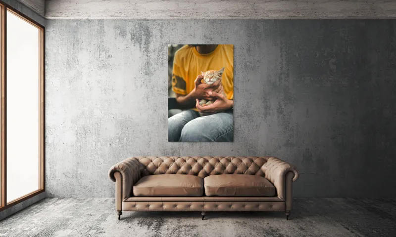 Tablou Canvas, "Pisoi torcând în brațe ocrotitoare", Pisoi, Alintat, Relaxat, Adorabil, Portocaliu, Mângâiere, Liniște, Blândete, 100 x 150 cm – poza 6