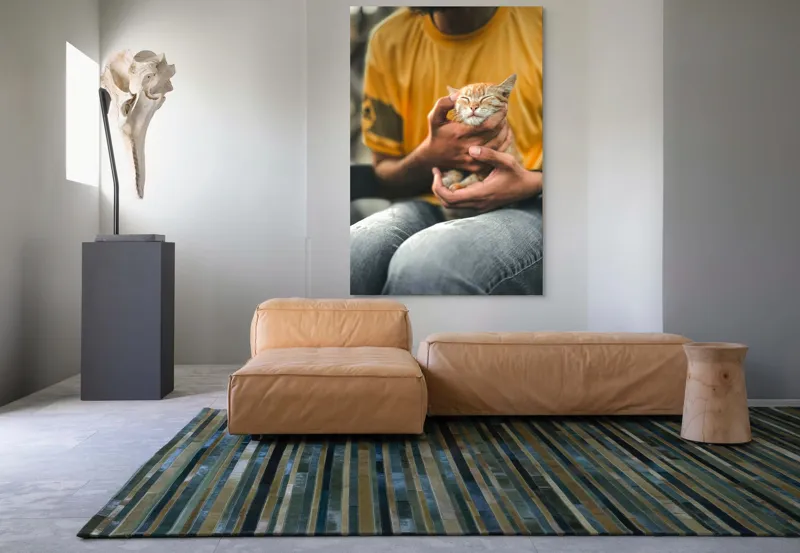 Tablou Canvas, "Pisoi torcând în brațe ocrotitoare", Pisoi, Alintat, Relaxat, Adorabil, Portocaliu, Mângâiere, Liniște, Blândete, 100 x 150 cm – poza 7