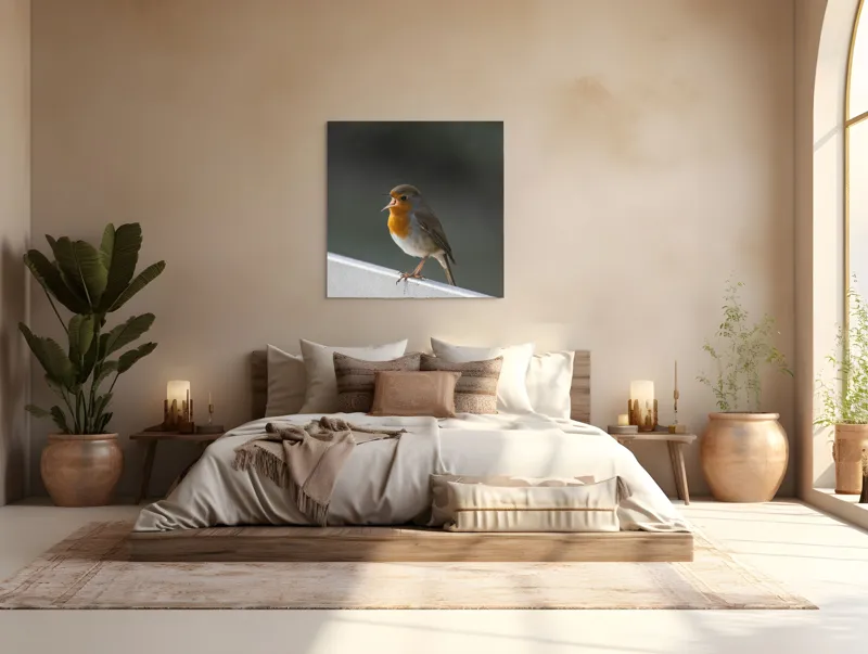 Tablou Canvas, "Mierla cântând la răsărit de soare", Pitic, Gălăgios, Delicat, Frumos, Penețe, Vigilent, Viu, Mic, Zvelt, Pasăre, Colorat, Observator, 100 x 100 cm – poza 4