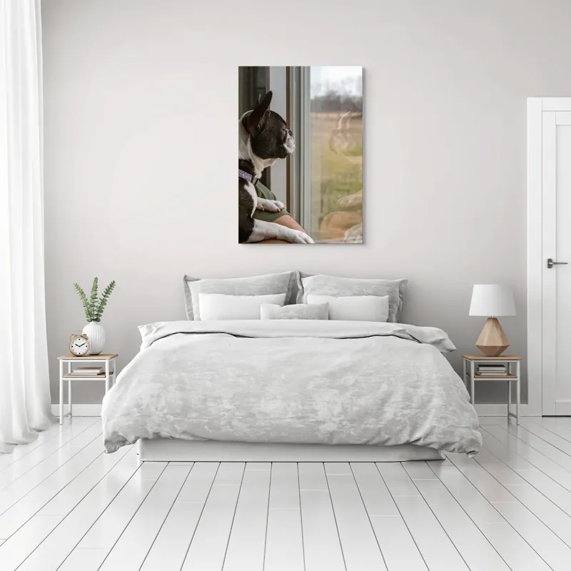 Tablou Canvas, "Câinele visează la lumea de afară", Câine, Reflecție, Fereastră, Peisaj, Contemplare, Liniște, Natură, 70 x 100 cm – poza 3