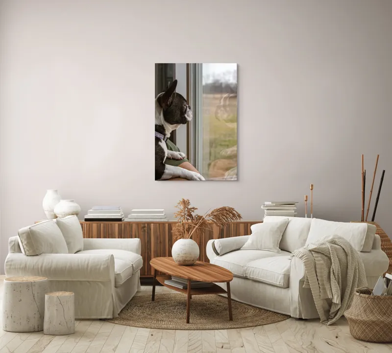 Tablou Canvas, "Câinele visează la lumea de afară", Câine, Reflecție, Fereastră, Peisaj, Contemplare, Liniște, Natură, 70 x 100 cm – poza 4