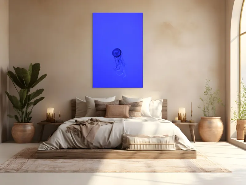Tablou Canvas, "Meduza în oceanul albastru intens", Meduză, Albastru, Ocean, Lumină, Grație, Contur, Mister, Adâncime, 100 x 150 cm – poza 3