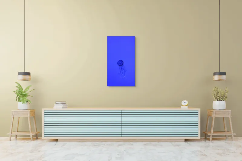 Tablou Canvas, "Meduza în oceanul albastru intens", Meduză, Albastru, Ocean, Lumină, Grație, Contur, Mister, Adâncime, 50 x 90 cm – poza 6