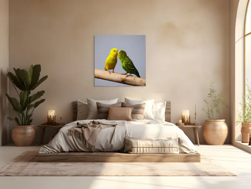 Tablou Canvas, "Două pernușe colorate pe crenguță", Colorit, Delicat, Prietenie, Blândețe, Natură, Armonie, Liniște, 100 x 100 cm – poza 4