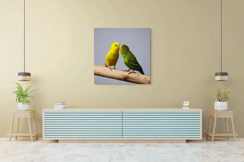 Tablou Canvas, "Două pernușe colorate pe crenguță", Colorit, Delicat, Prietenie, Blândețe, Natură, Armonie, Liniște, 100 x 100 cm – poza 5