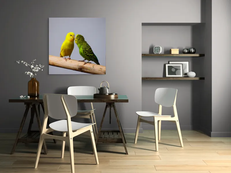 Tablou Canvas, "Două pernușe colorate pe crenguță", Colorit, Delicat, Prietenie, Blândețe, Natură, Armonie, Liniște, 100 x 100 cm – poza 6