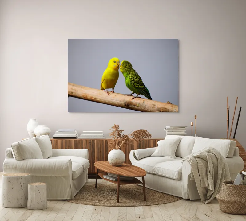 Tablou Canvas, "Două pernușe colorate pe crenguță", Colorit, Delicat, Prietenie, Blândețe, Natură, Armonie, Liniște, 150 x 100 cm – poza 3