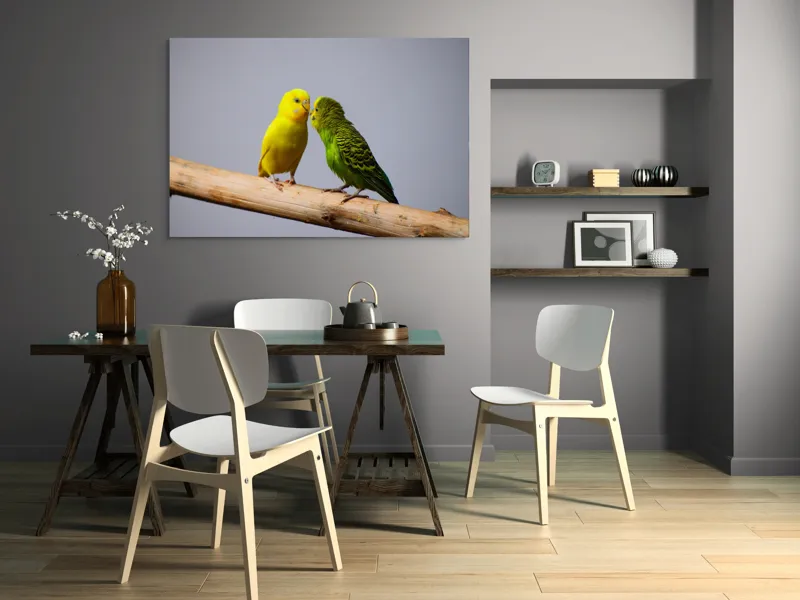 Tablou Canvas, "Două pernușe colorate pe crenguță", Colorit, Delicat, Prietenie, Blândețe, Natură, Armonie, Liniște, 150 x 100 cm – poza 5