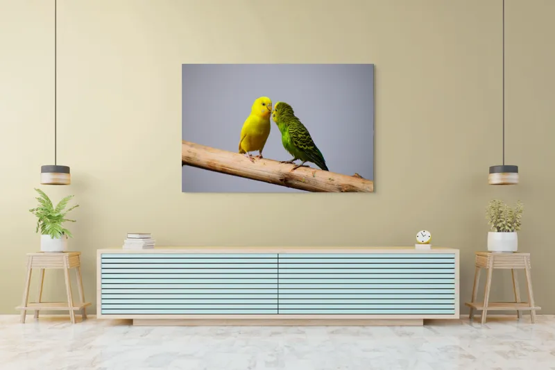 Tablou Canvas, "Două pernușe colorate pe crenguță", Colorit, Delicat, Prietenie, Blândețe, Natură, Armonie, Liniște, 150 x 100 cm – poza 6