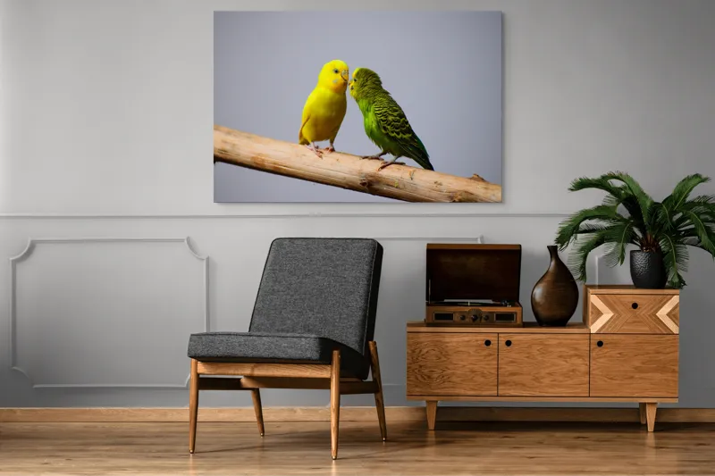 Tablou Canvas, "Două pernușe colorate pe crenguță", Colorit, Delicat, Prietenie, Blândețe, Natură, Armonie, Liniște, 150 x 100 cm – poza 8