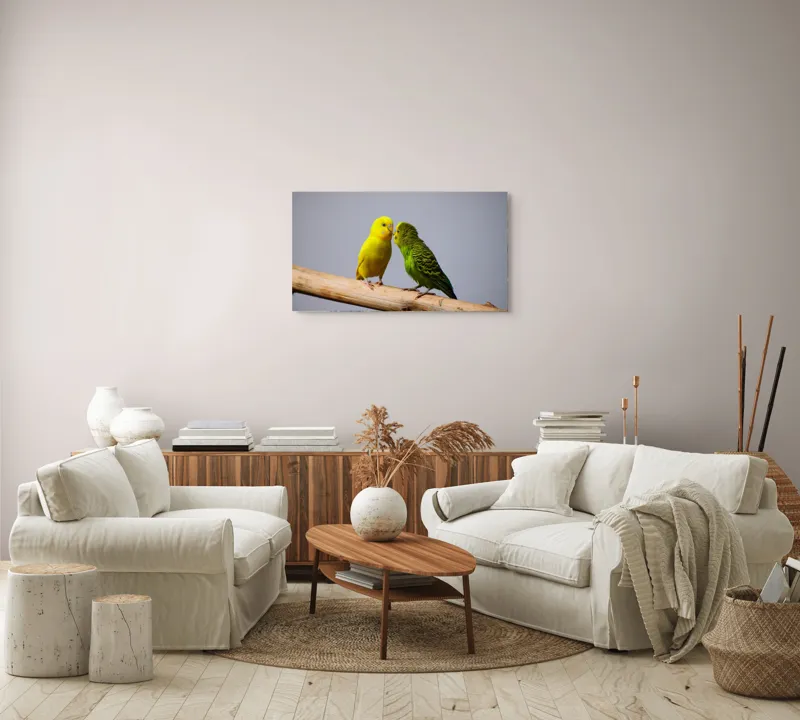 Tablou Canvas, "Două pernușe colorate pe crenguță", Colorit, Delicat, Prietenie, Blândețe, Natură, Armonie, Liniște, 90 x 50 cm – poza 4