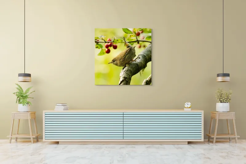 Tablou Canvas, "Micul oaspete pe ramura verii", Pasăre, Crenguță, Frunze, Roșii, Natură, Rândunică, Delicatețe, Echilibru., 100 x 100 cm – poza 5