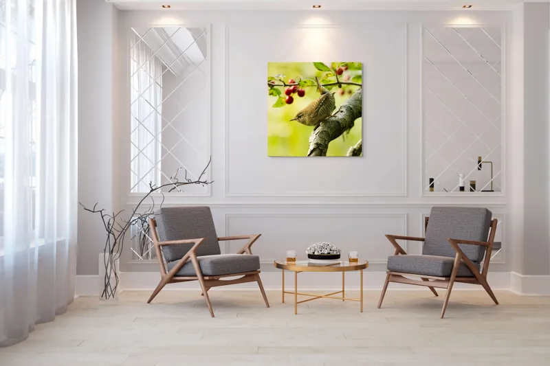 Tablou Canvas, "Micul oaspete pe ramura verii", Pasăre, Crenguță, Frunze, Roșii, Natură, Rândunică, Delicatețe, Echilibru., 100 x 100 cm – poza 7