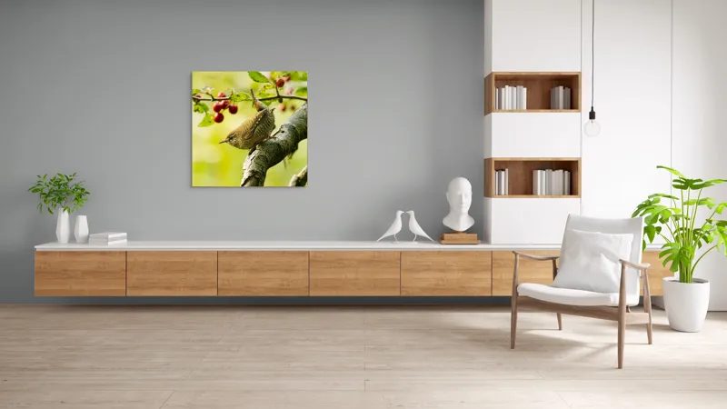 Tablou Canvas, "Micul oaspete pe ramura verii", Pasăre, Crenguță, Frunze, Roșii, Natură, Rândunică, Delicatețe, Echilibru., 100 x 100 cm – poza 8