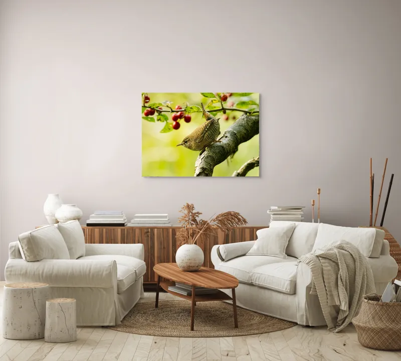 Tablou Canvas, "Micul oaspete pe ramura verii", Pasăre, Crenguță, Frunze, Roșii, Natură, Rândunică, Delicatețe, Echilibru., 100 x 70 cm – poza 3