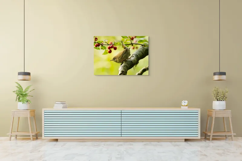 Tablou Canvas, "Micul oaspete pe ramura verii", Pasăre, Crenguță, Frunze, Roșii, Natură, Rândunică, Delicatețe, Echilibru., 100 x 70 cm – poza 4